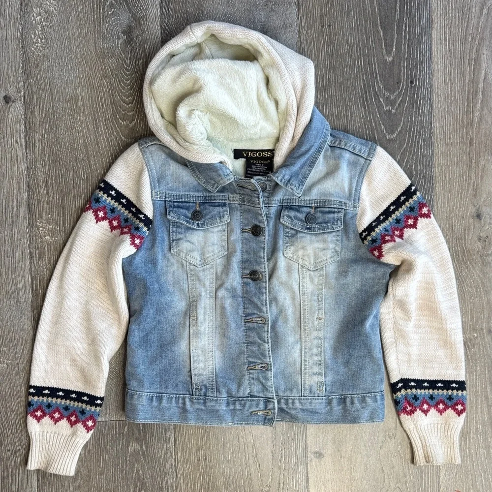 Vigoss Kids Blue Denim Jacket with Patterned Knit Sleeves 0407